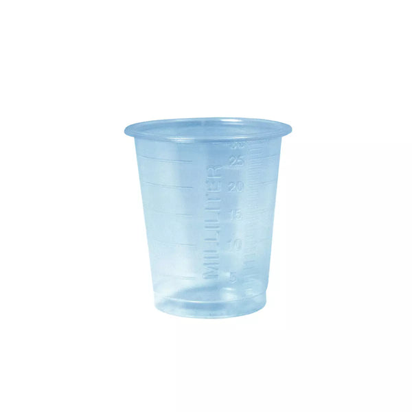 PP Einmal Medizinbecher, 30 ml, graduiert, transparent, milchig, Med-Comfort Basic Blau  100Stk